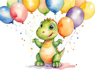 Watercolor illustration of cute dinosaur with colorful balloons. Greeting birthday card, poster, banner for children. White background., dragon with balloons