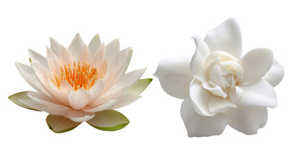 Fototapeta premium PNG of Delicate beauty of a soft pink water lily and a pristine white gardenia, showcasing nature's elegant floral forms.