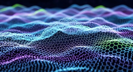 Abstract Digital Waveform with Glowing Particles and Hexagonal Grid.