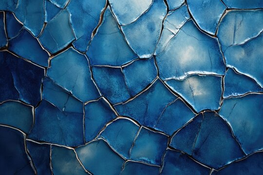 An abstract mosaic of irregularly shaped blue ceramic pieces, showcasing various shades, textures, and dark grout lines, forming a unique, artistic pattern.