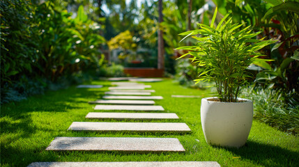 Tranquil garden pathway with stepping stones and lush greenery