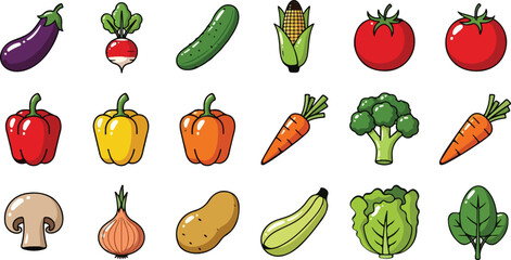 Vector Set of Cartoon Fresh Vegetables Icons