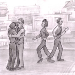 Man and Woman Hug Outside on the Street Then Walk Opposite Directions
