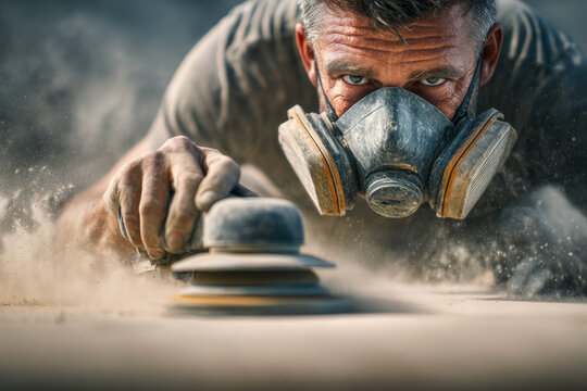Focused craftsman wearing protective mask using electric sander amidst swirling dust particles on woodworking project with intense concentration and skill