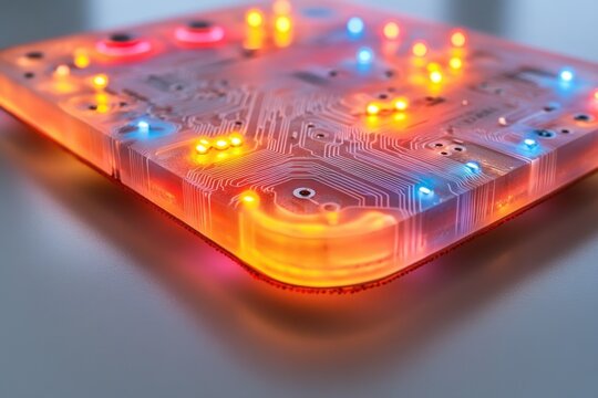 A vibrant, transparent circuit board illuminates with an array of red, orange, and blue LEDs, showcasing intricate electronic pathways and modern tech.