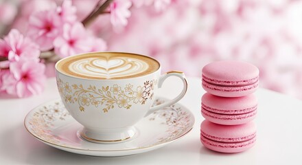 Beautiful Cup Of Coffee With Pink Macarons And Cherry Blossoms