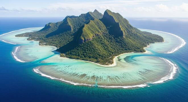 Lush Volcanic Island Paradise Surrounded by Coral Reefs
