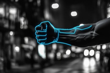 Futuristic neon glowing arm in urban night setting