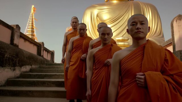 Monks in saffron robes walking up stairs with a large golden statue.
