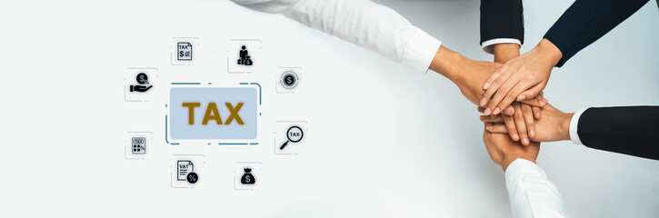 Concept of tax preparation and financial compliance. Filing official tax documents and forms for...