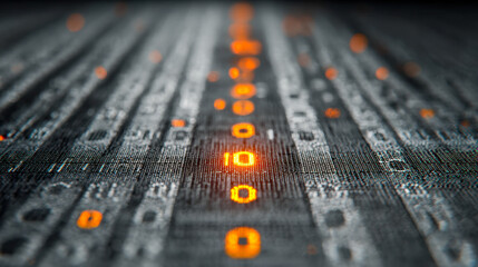 Futuristic digital interface displaying glowing orange binary code sequences on a textured dark surface representing advanced technology and data processing concepts