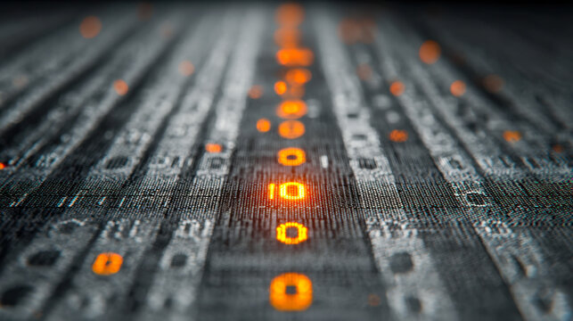 Futuristic digital interface displaying glowing orange binary code sequences on a textured dark surface representing advanced technology and data processing concepts