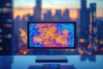 Futuristic monitor displays vibrant, abstract data visualization against a blurred urban skyline at dusk, showcasing technology in an urban setting.