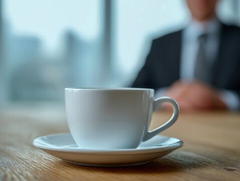 White ceramic cup on a wooden table with a blurred businessman in a suit in the background in a modern office environment