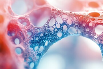 An abstract microscopic network with interconnected pores, showcasing a vibrant gradient from red to blue, resembling cellular or organic forms.