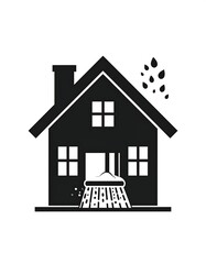 Silhouette of a house with a sweeping broom and falling debris