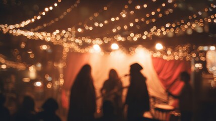 Fototapeta premium Festive blurred Christmas music concert background glowing lights.