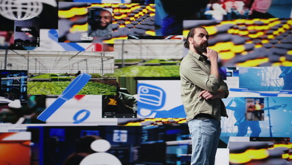 Casual person looking at an user interface with multiple social media apps and actions, content...