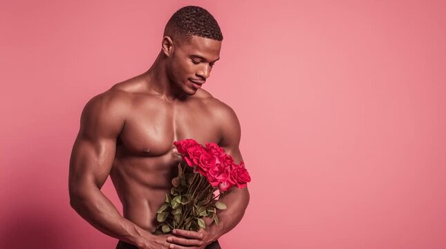Muscular topless man holding bouquet of red roses against flat pink background with copy space, symbolizing contrast between strength and tenderness, ideal for Valentines concepts, romantic marketing