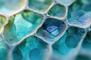 Close-up of an intricate, organic cellular network. Hexagonal cells display stunning gradients of teal, blue, and green, forming a mesmerizing crystalline texture.