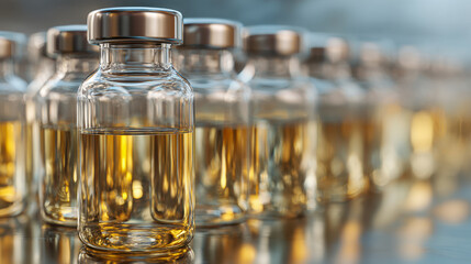 Rows of transparent glass vials filled with golden liquid and sealed with metallic caps arranged in a reflective surface under soft lighting in a medical or laboratory se
