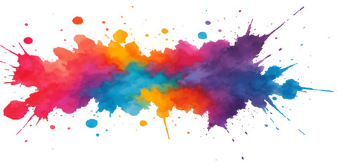 Bright, colorful paint splashes and soft rainbow feathers form an abstract, vibrant art pattern against a white background. vector watercolor illustration.