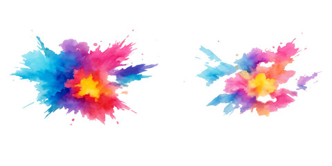 Bright, colorful paint splashes and soft rainbow feathers form an abstract, vibrant art pattern against a white background. vector watercolor illustration.