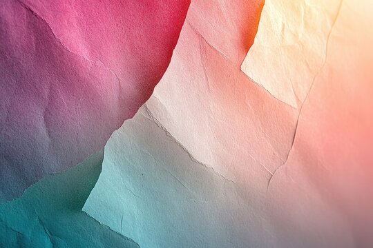 Abstract art of layered, crumpled paper with a vibrant gradient of pink, orange, white, and teal colors creating a dynamic, textured background. - Powered by Adobe