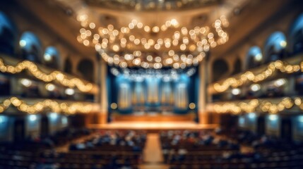 Soft blurred background of a holiday concert hall with twinkling Christmas lights.