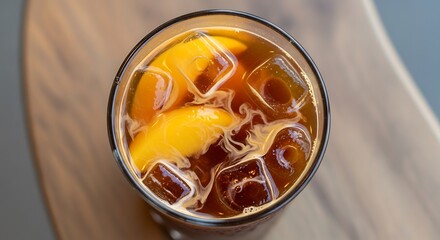 Refreshing Iced Coffee with Peach Slices on Wooden Surface.