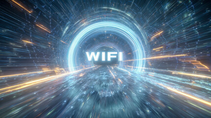 Futuristic digital tunnel with glowing light streaks representing high-speed wireless internet connectivity and advanced technology communication network