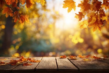 Autumn leaves on a wooden table create a warm, tranquil forest scene