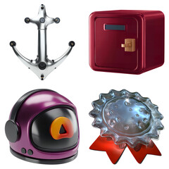 Fototapeta premium Collection of four distinct metallic anchor a burgundy safe a purple astronaut helmet and a silver award ribbon with red accents isolated for design use isolated on transparent background
