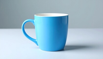 Fototapeta premium Blue mug on a white surface with simple design, and studio background.