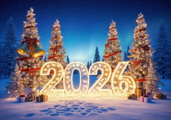 Fototapeta premium Illuminated golden 2026 numbers with star, surrounded by decorated christmas trees in snowy forest