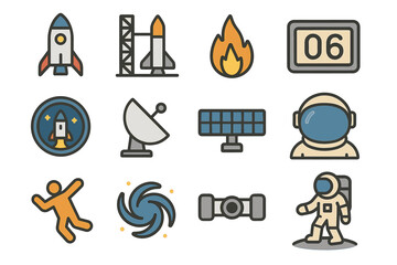 Space exploration icons featuring rocket, astronaut, and satellite elements