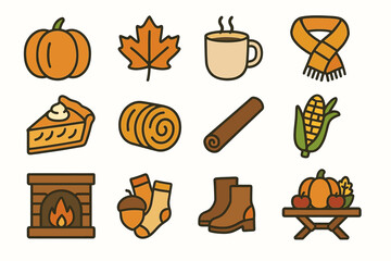 Autumn icons: pumpkin, maple leaf, coffee, scarf, pie, cinnamon, corn, fireplace, acorns, boots, harvest table