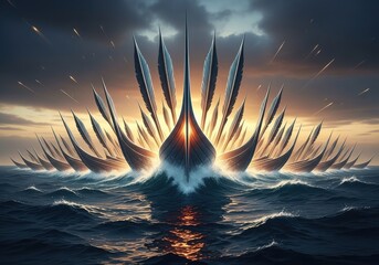 Epic fleet of Viking longships emerging from stormy ocean waves boat