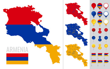 Vector map of Armenia with flag, globe and icons on white background