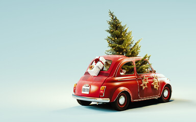 Old red car with Christmas tree and Christmas presents on blue background. Christmas greeting card design with copy space. 3D Rendering, 3D Illustration