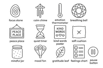 Mindfulness tools for emotional wellness and relaxation icons