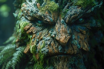 Close-up of a mystical tree spirit face, deeply textured with bark, moss, and lichen, featuring glowing emerald eyes.