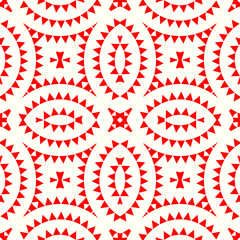 Seamless pattern. Ovals, checks ornament. Rings background. Embroidery wallpaper. Mosaics motif. Geometrical backdrop. Triangle shapes digital paper. Figures web designing. Ethnic textile print.