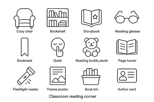 Classroom reading corner essentials: cozy chair, bookshelf, storybook, reading glasses