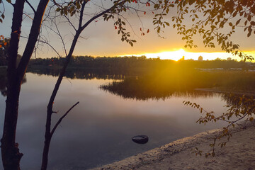 Beautiful autumn sunset near the Dnipro River in Kyiv, Ukraine