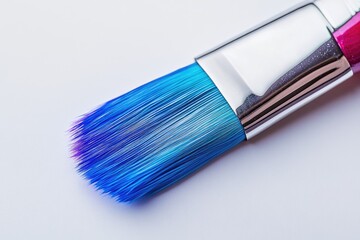 Fototapeta premium Vibrant blue paintbrush with purple tips and a gleaming silver ferrule on white, symbolizing art, creativity, and colorful design potential.