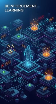 Abstract digital network with glowing human figure in center representing reinforcement learning