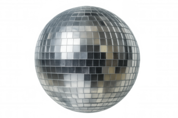 Disco ball reflecting light, symbolizing celebration, fun, party, music, and retro nightlife. Transparent background