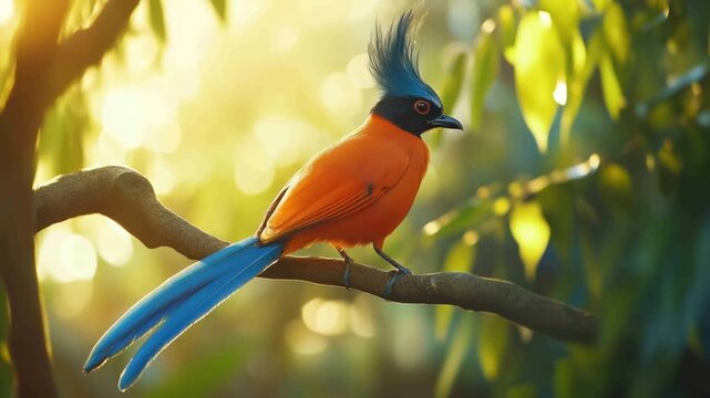 Vibrant bird with blue crest perched on a branch in a lush, sunlit environment