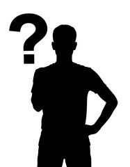 Silhouette of a person with a question mark, hand on hip, pondering